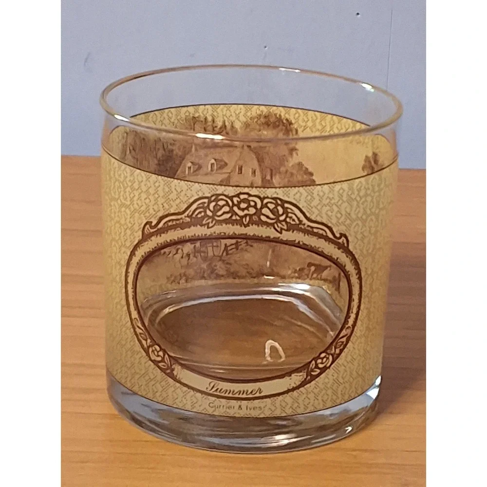 Vintage Currier & Ives Four Seasons Whiskey Rocks Glasses Set of 4 Brown Cream